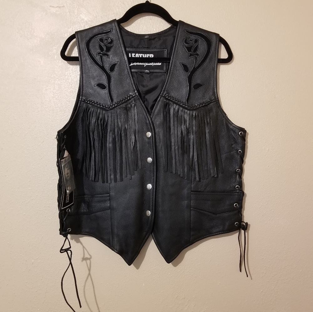 Women's Genuine Black Leather Emboss Black Rose Braided Fringe Biker Vest 2XL